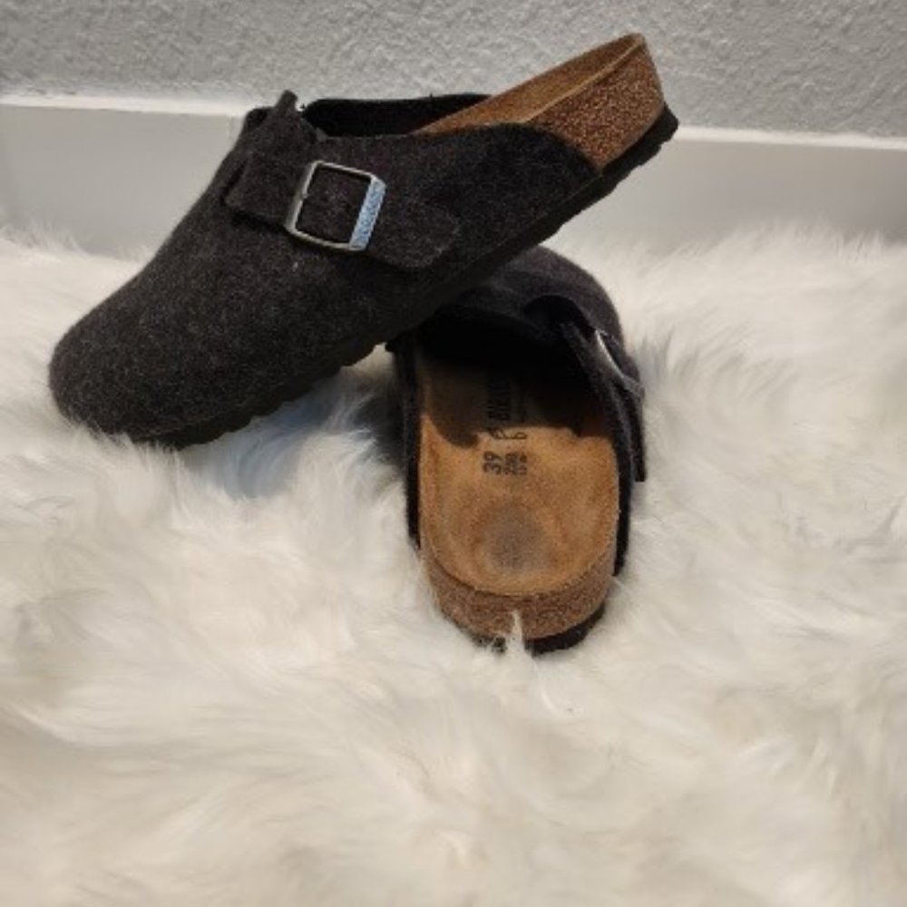 Birkenstock Black Felt Boston Clog Mules with Brown Footbed